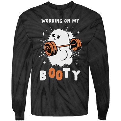 Working On My Booty Halloween Gym Cute Boo Ghost Fitness Tie-Dye Long Sleeve Shirt