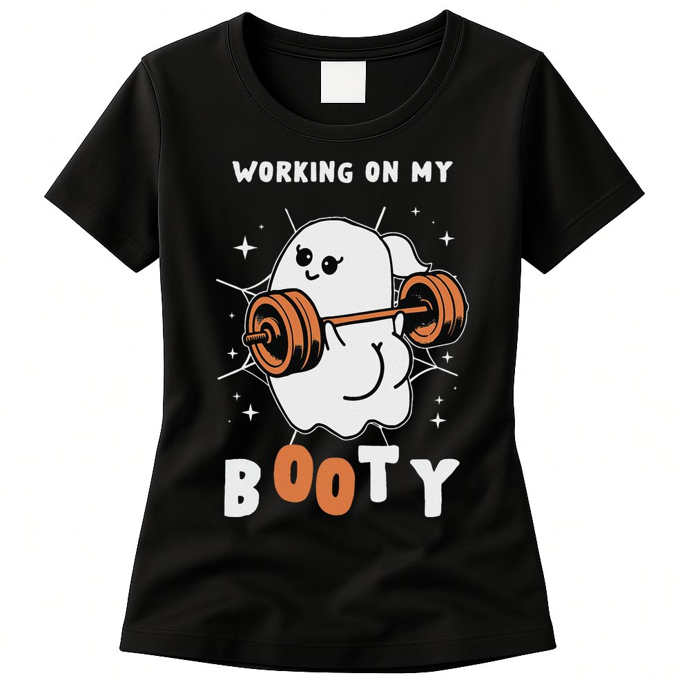 Working On My Booty Halloween Gym Cute Boo Ghost Fitness Womens T-Shirt