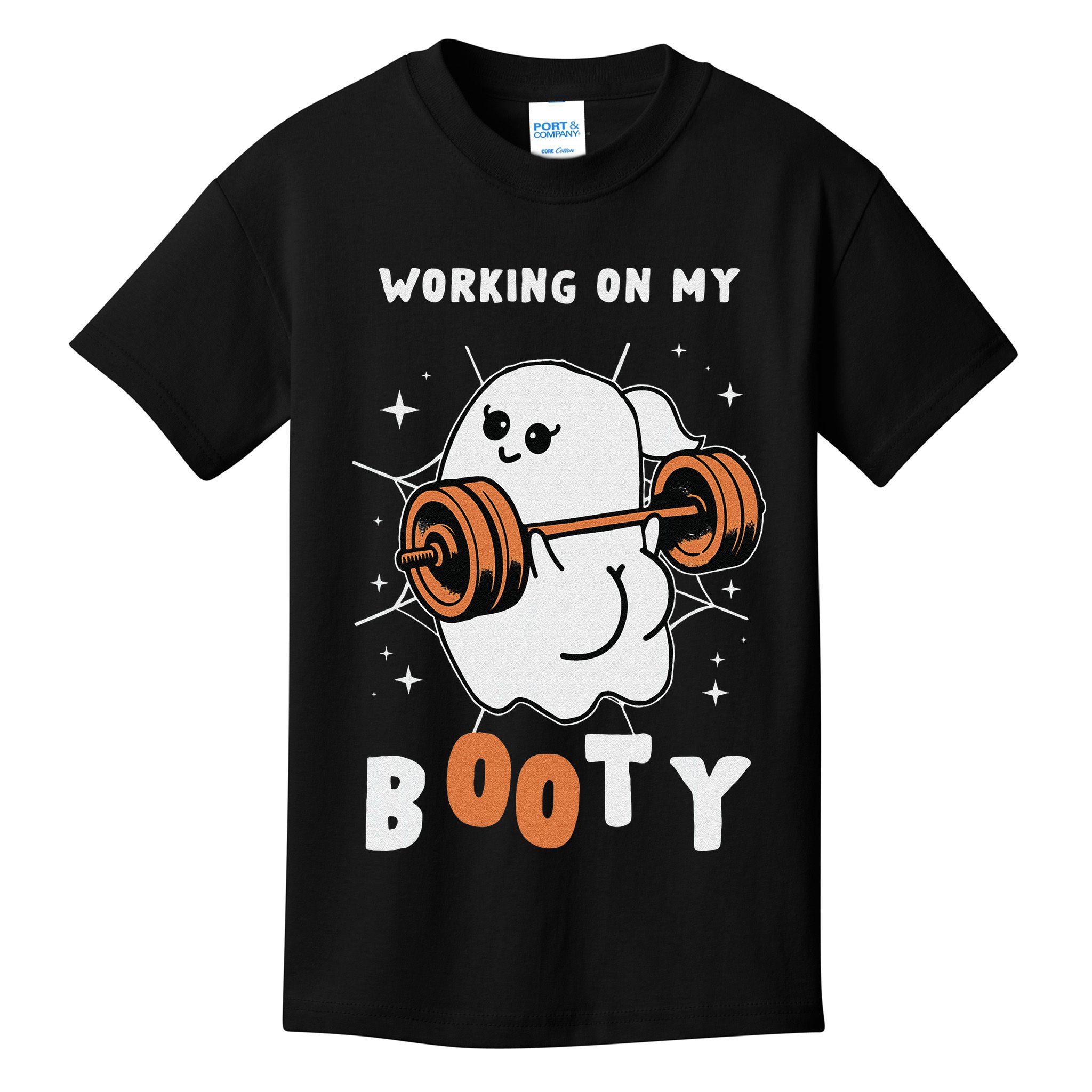 Working On My Booty Halloween Gym Cute Boo Ghost Fitness Kids T-Shirt