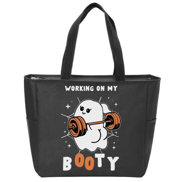 Working On My Booty Halloween Gym Cute Boo Ghost Fitness Zip Tote Bag