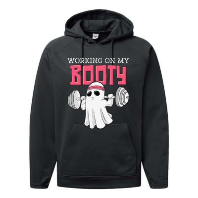 Working On My Booty Booty Funny Halloween Gym Ghost Pun Performance Fleece Hoodie