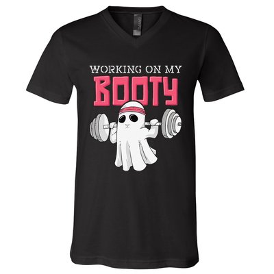 Working On My Booty Booty Funny Halloween Gym Ghost Pun V-Neck T-Shirt