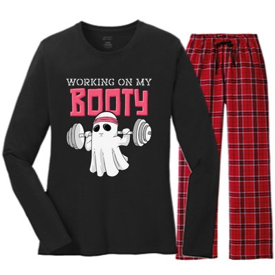 Working On My Booty Booty Funny Halloween Gym Ghost Pun Women's Long Sleeve Flannel Pajama Set 