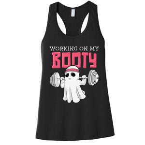 Working On My Booty Booty Funny Halloween Gym Ghost Pun Women's Racerback Tank