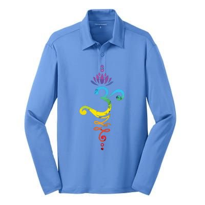 Womens Om Mantra Yoga Symbol Lotus Flower Rainbow Chakra VNeck Silk Touch Performance Long Sleeve Polo