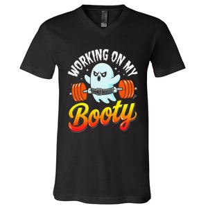 Working On My Booty Ghost Halloween Gym Humor Bodybuilder V-Neck T-Shirt