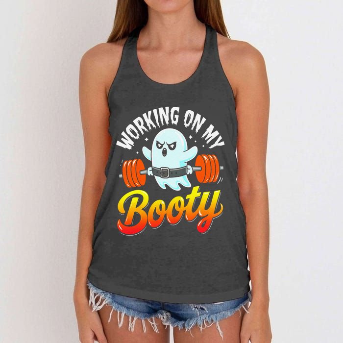 Working On My Booty Ghost Halloween Gym Humor Bodybuilder Women's Knotted Racerback Tank