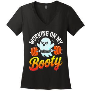 Working On My Booty Ghost Halloween Gym Humor Bodybuilder Women's V-Neck T-Shirt