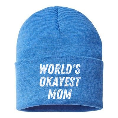 World's Okayest Mom Funny Mama Wife Birthday Mother's Day Cute Gift Sustainable Knit Beanie