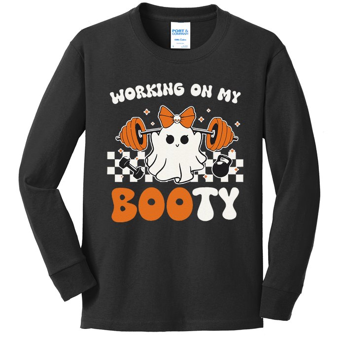 Working On My Booty Gymer Ghost Working Out Halloween Kids Long Sleeve Shirt