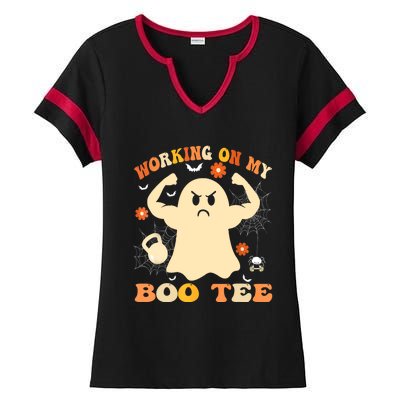 Working On My Boo Halloween Gym Workout Weightlifting Ladies Halftime Notch Neck Tee