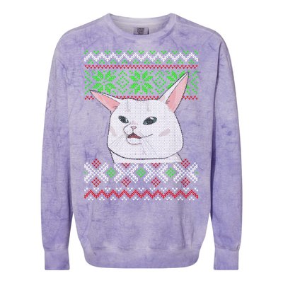 Woman Yelling At A Cat Ugly Christmas Sweater Meme Colorblast Crewneck Sweatshirt