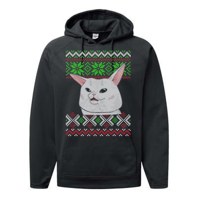 Woman Yelling At A Cat Ugly Christmas Sweater Meme Performance Fleece Hoodie