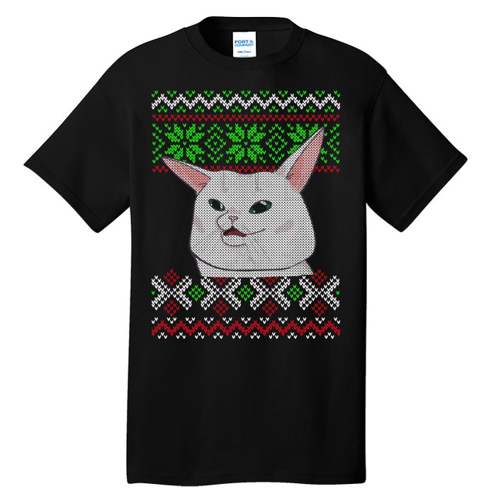 Woman Yelling At A Cat Ugly Christmas Sweater Meme Tall T-Shirt