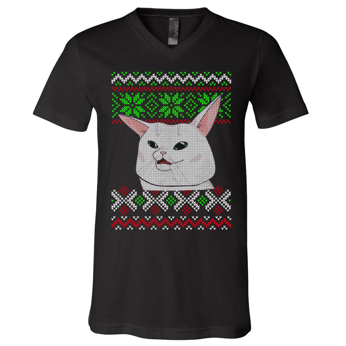 Woman Yelling At A Cat Ugly Christmas Sweater Meme V-Neck T-Shirt