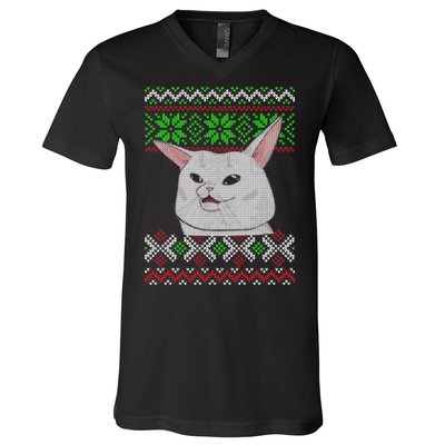 Woman Yelling At A Cat Ugly Christmas Sweater Meme V-Neck T-Shirt