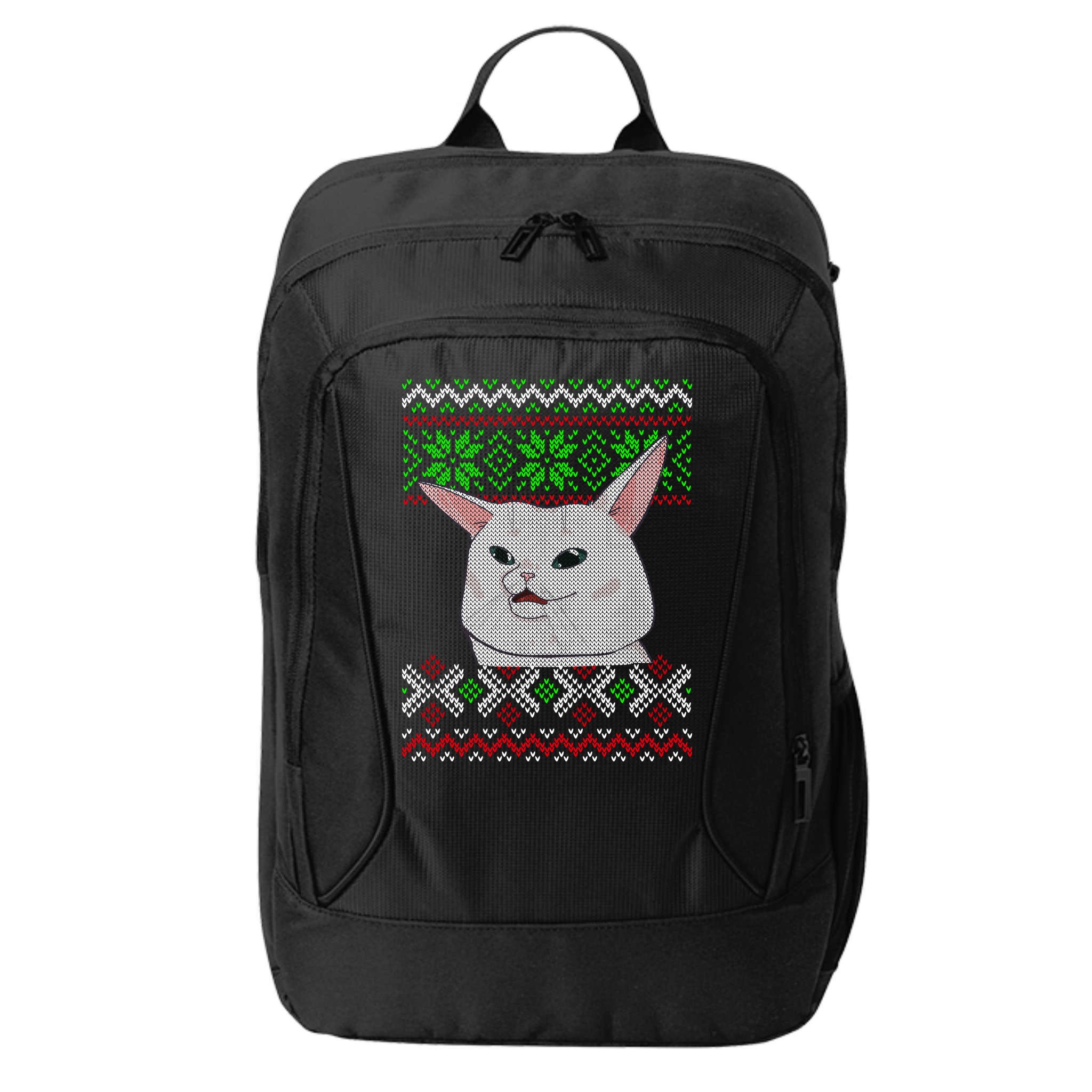 Woman Yelling At A Cat Ugly Christmas Sweater Meme City Backpack