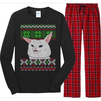 Woman Yelling At A Cat Ugly Christmas Sweater Meme Long Sleeve Pajama Set