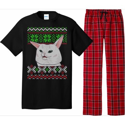 Woman Yelling At A Cat Ugly Christmas Sweater Meme Pajama Set