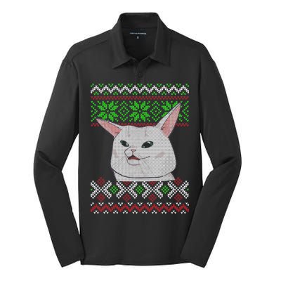 Woman Yelling At A Cat Ugly Christmas Sweater Meme Silk Touch Performance Long Sleeve Polo