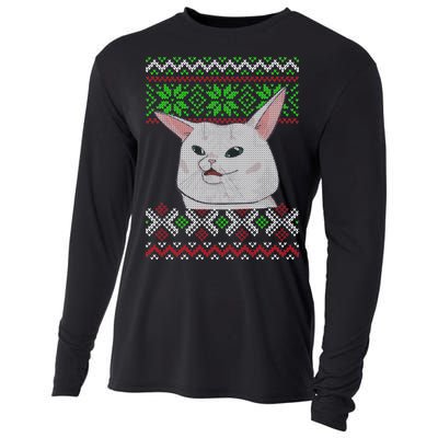 Woman Yelling At A Cat Ugly Christmas Sweater Meme Cooling Performance Long Sleeve Crew