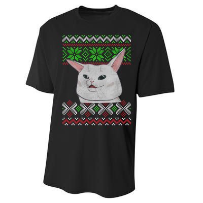 Woman Yelling At A Cat Ugly Christmas Sweater Meme Performance Sprint T-Shirt