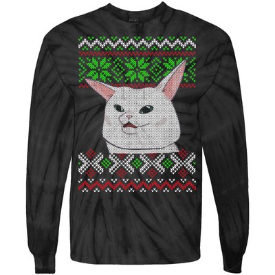 Woman Yelling At A Cat Ugly Christmas Sweater Meme Tie-Dye Long Sleeve Shirt