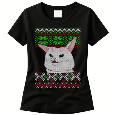 Woman Yelling At A Cat Ugly Christmas Sweater Meme Womens T-Shirt