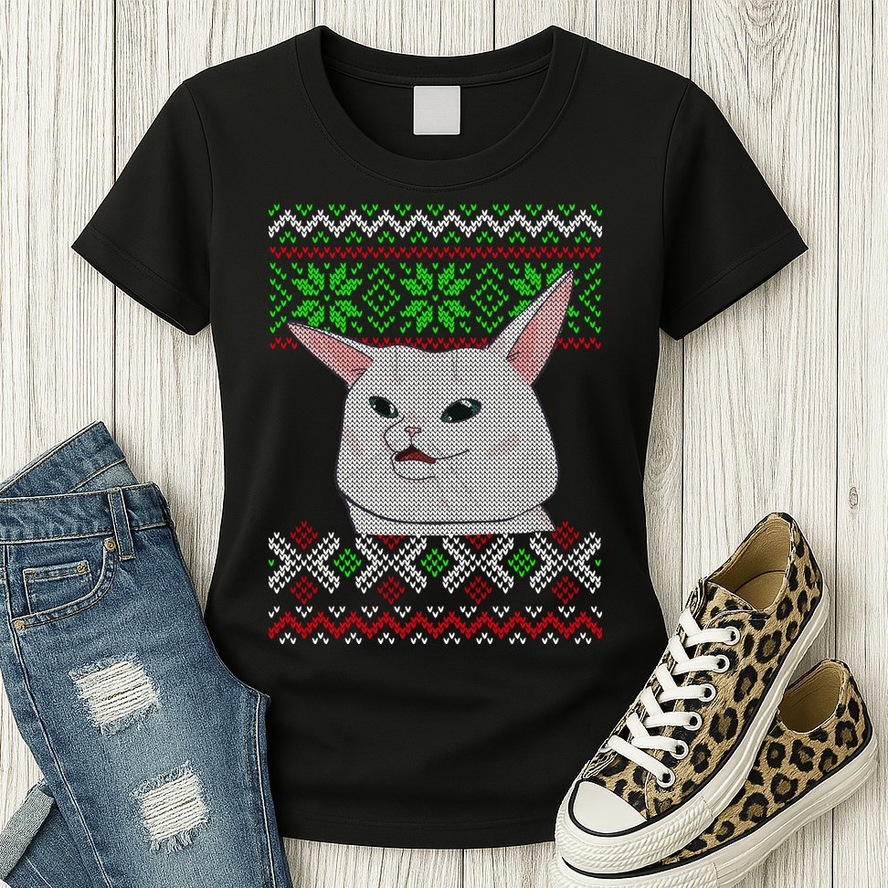 Woman Yelling At A Cat Ugly Christmas Sweater Meme Womens T-Shirt