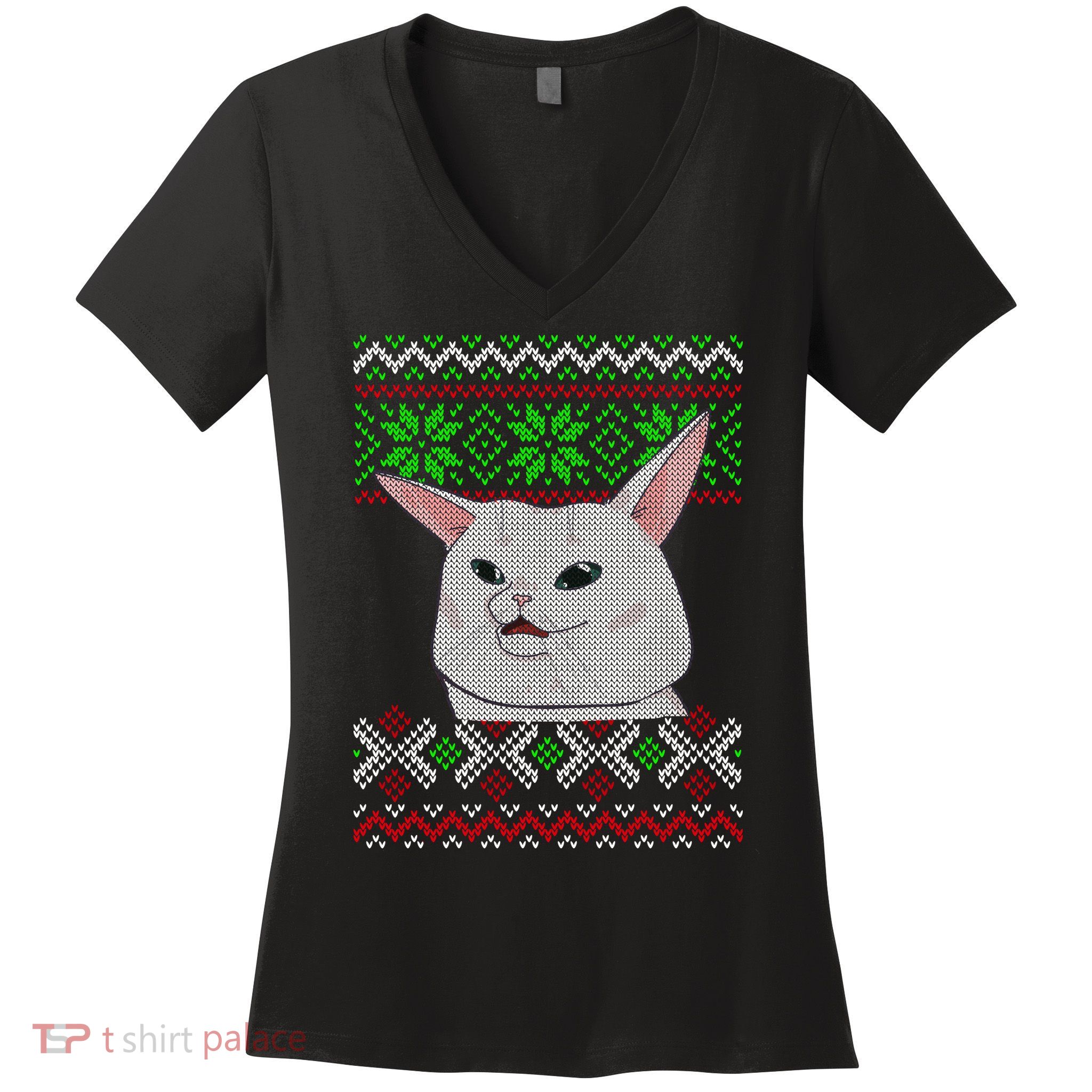 Woman Yelling At A Cat Ugly Christmas Sweater Meme Women's V-Neck T-Shirt