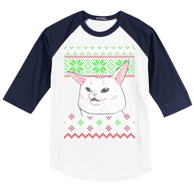 Woman Yelling At A Cat Ugly Christmas Sweater Meme Baseball Sleeve Shirt