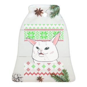 Woman Yelling At A Cat Ugly Christmas Sweater Meme Ceramic Bell Ornament