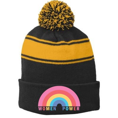 Women Power Rainbow Stripe Pom Pom Beanie