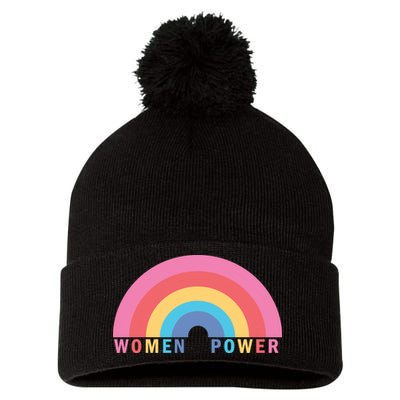 Women Power Rainbow Pom Pom 12in Knit Beanie