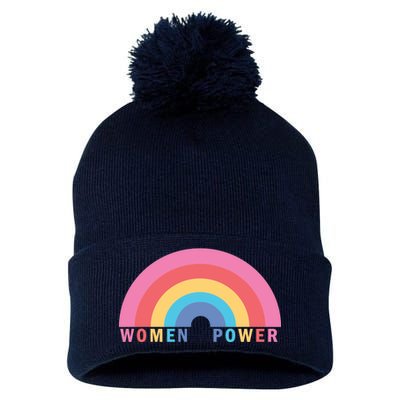 Women Power Rainbow Pom Pom 12in Knit Beanie