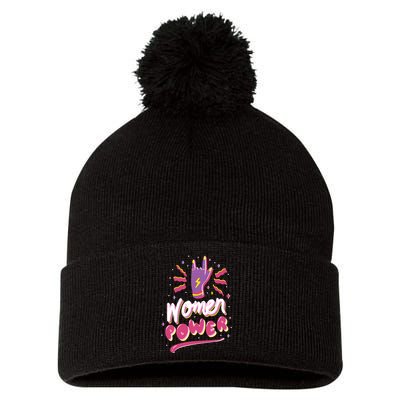 Women Power Rock Pom Pom 12in Knit Beanie
