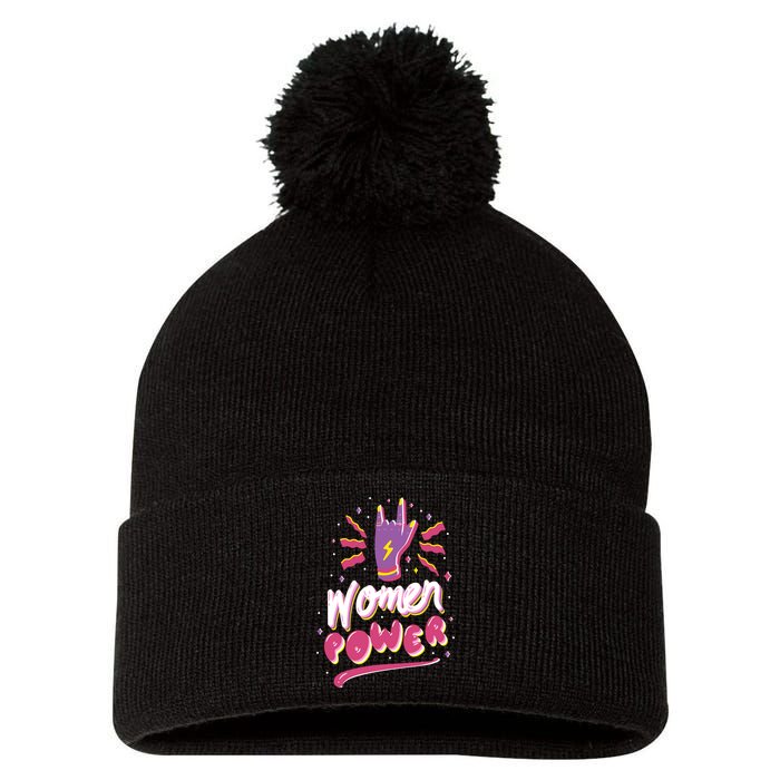 Women Power Rock Pom Pom 12in Knit Beanie