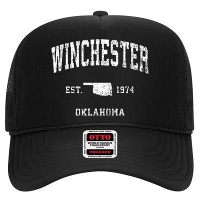 Winchester Oklahoma Ok Vintage Athletic Sports Design High Crown Mesh Back Trucker Hat