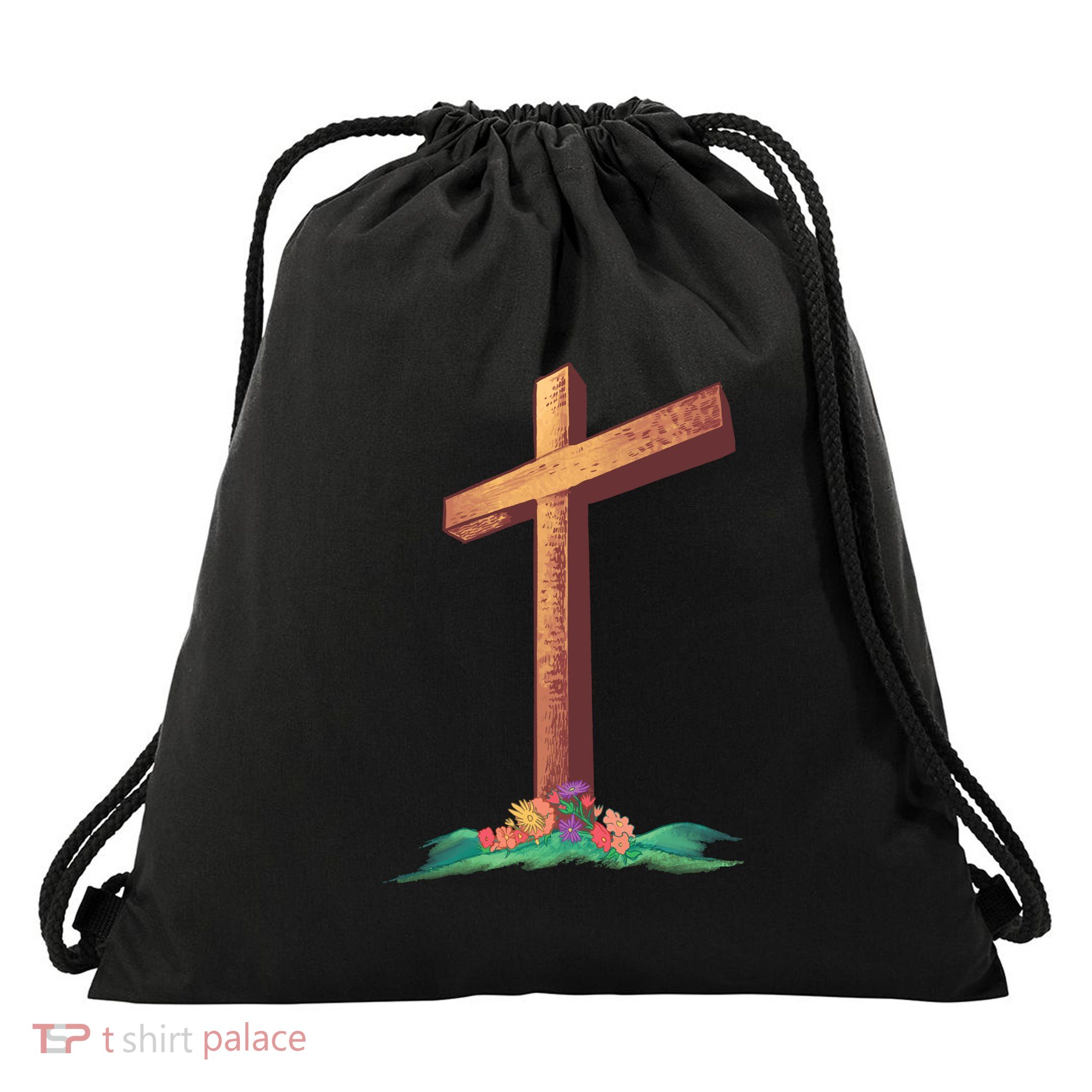 Wooden Cross Drawstring Bag