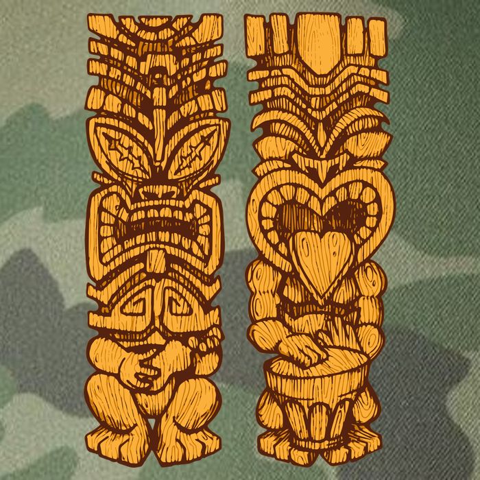 Wooden statues of Tiki with ukulele and drum Legacy Tie Dye Trucker Hat