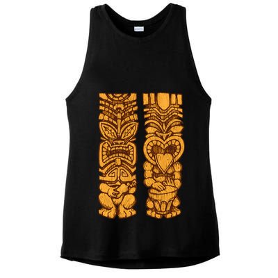 Wooden statues of Tiki with ukulele and drum Ladies PosiCharge Tri-Blend Wicking Tank