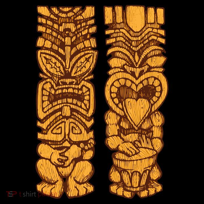 Wooden statues of Tiki with ukulele and drum Flexfit Unipanel Trucker Cap