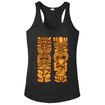 Wooden statues of Tiki with ukulele and drum Ladies PosiCharge Competitor Racerback Tank