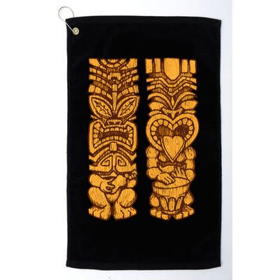 Wooden statues of Tiki with ukulele and drum Golf Towel