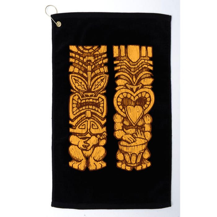 Wooden statues of Tiki with ukulele and drum Golf Towel