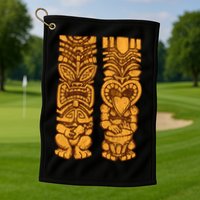 Wooden statues of Tiki with ukulele and drum Golf Towel