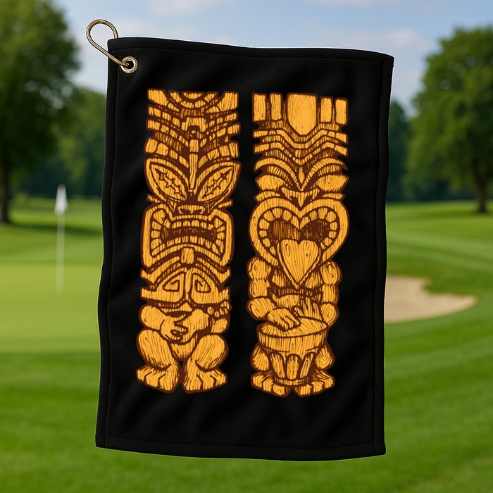 Wooden statues of Tiki with ukulele and drum Golf Towel
