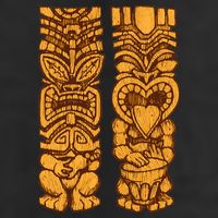 Wooden statues of Tiki with ukulele and drum Golf Towel
