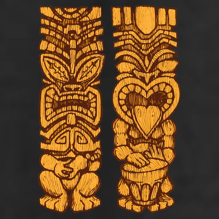 Wooden statues of Tiki with ukulele and drum Golf Towel