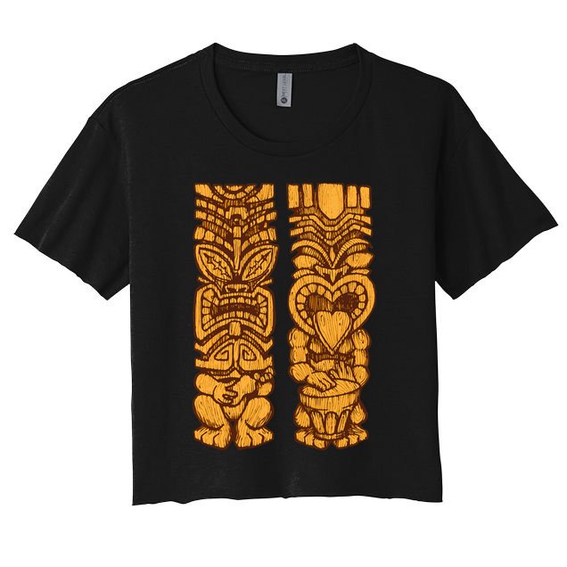 Wooden statues of Tiki with ukulele and drum Crop Top